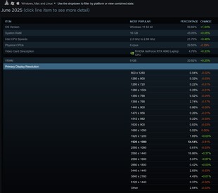 2025 június 2025 Steam felmérés preferált felbontások (Kép forrása: screenshot, Steam)