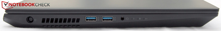 Left:: Power, 2x USB-A 3.0, Headset/Microphone, Status LEDs