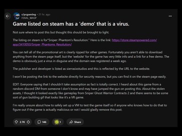 Fertőzött Steam demó Reddit poszt (Kép forrása: screenshot, PC Gaming subreddit)
