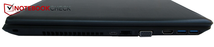 left side: Kensington lock, USB Type-C, LAN, VGA, HDMI, 2x USB 3.0