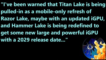 Intel Titan Lake és Intel Hammer Lake kiszivárgása. (Kép forrása: Moore's Law Is Dead a YouTube-on)