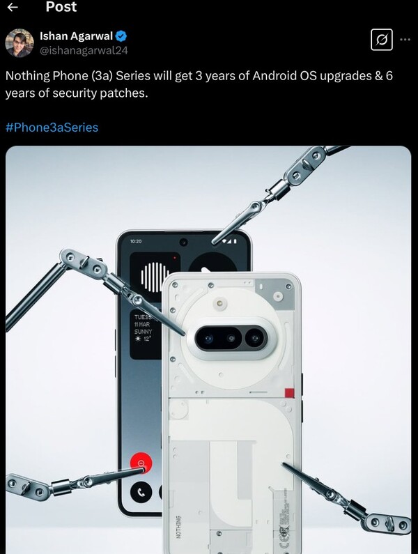 A Nothing Phone (3a) sorozat lemarad a riválisoktól, ami az operációs rendszer frissítéseinek számát illeti. (Kép forrása: Ishan Agarwal/X)