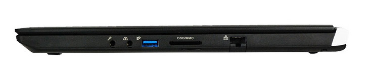Right: 3.5 mm microphone, 3.5 mm headset, USB 3.0, SDXC card reader, mini SIM, Gigabit RJ-45, Kensington Lock (Source: Eurocom)