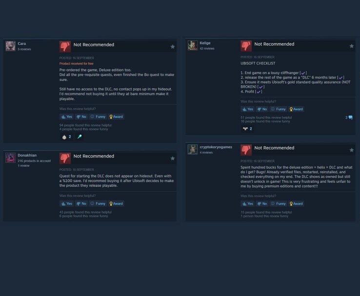 A Steam felhasználói vélemények kritizálják a Ubisoft DLC problémáit, több játékos nem ajánlottnak jelölte meg a tartalmat (Kép forrása: Steam)