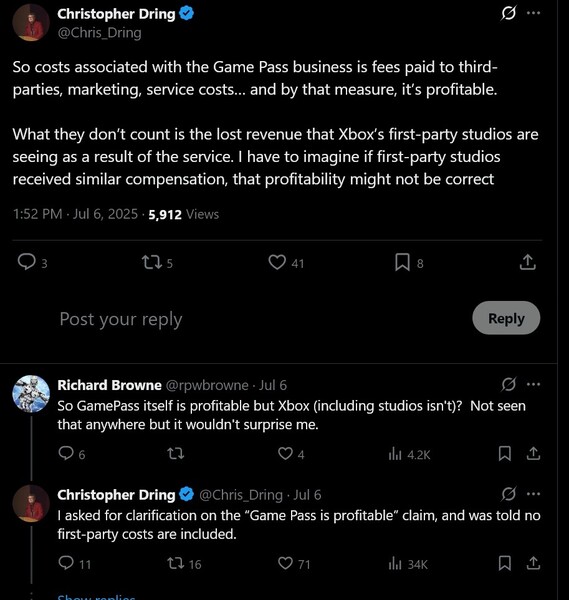 Christopher Dring X posztja az Xbox Game Pass jövedelmezőségéről (Kép forrása: screenshot, Christopher Dring X fiók)
