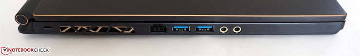 Left-hand side: Kensington lock, RJ45-LAN, 2x USB Type-A 3.1, headphone jack, microphone jack
