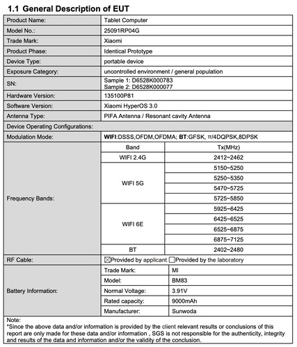 A tanúsítás feltárja a globális Xiaomi Pad 8 Pro részleteit. (Kép forrása: FCC tanúsítás)