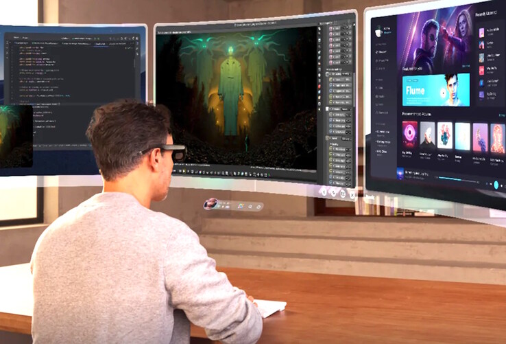 A Rokid AR Spatial szemüveg több virtuális képernyőt képes kivetíteni a munkához és a játékhoz. (Kép forrása: Rokid)