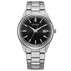 Citizen BM1350-54E Eco-Drive öltönyóra fekete, napraforgós mintázatú számlappal, rozsdamentes acél tokban és karkötővel, pálcika alakú óramutatókkal és dátumkijelzővel a 3 órás pozícióban.