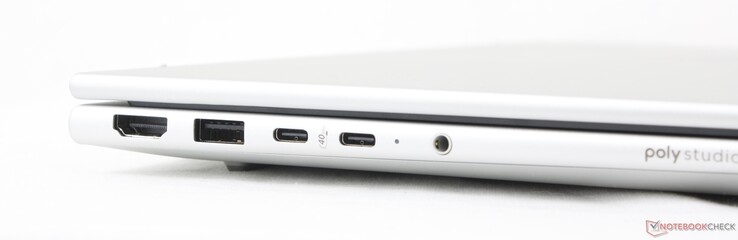 Balra: HDMI 2.1, USB-A (5 Gbps), 2x USB-C 4.0 w/ DisplayPort 1.4 + Power Delivery (40 Gbps)