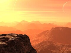 Egy művész illusztrációja, amely egy exobolygón található tájat ábrázol.