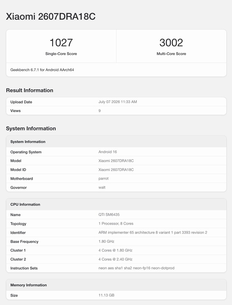 A hamarosan megjelenő Xiaomi telefon adatai a Geekbench adatbázisában.