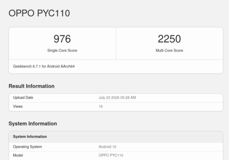 Oppo A7 Pro Max (PYC110) Geekbench 6.7.1 adatlapja