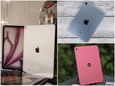 Egy három képből álló kollázs, amely egy ezüstszínű iPadet mutat a dobozával, egy kék iPad minit egy fa felületen, és egy rózsaszín iPadet a szabadban. (Kép forrása: Notebookcheck)