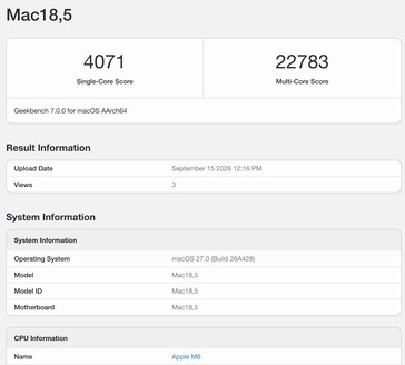 Az Apple M6 Geekbench 7 eredménye.