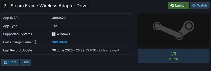 A SteamDB-n szereplő Steam Frame vezeték nélküli adapter illesztőprogramja.