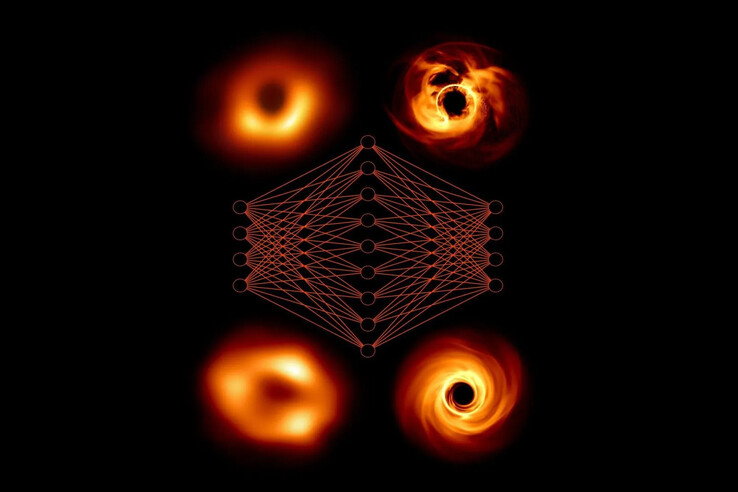 A megfigyeléseket a modellekkel összekötő neurális hálózat fogalmi ábrázolása. (Kép forrása: EHT Collaboration/Janssen and al)