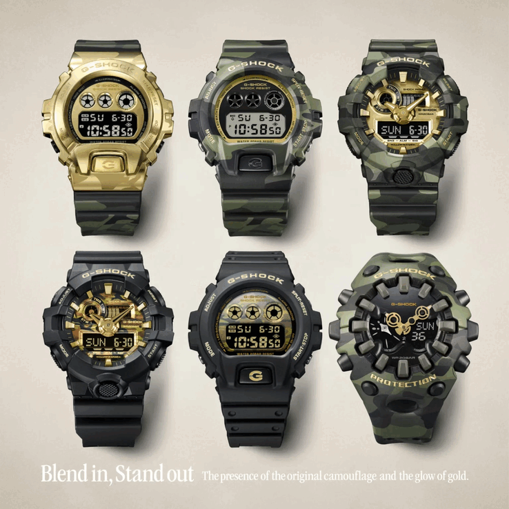 A G-Shock GM-6900CMG-3, a DW-6900CMG-3, a GA-700CMG-3AJF, a GA-700CF-1A, a DW-6900CF-1 és a GA-V01CMG-3A (a nevek balról fentről jobbra haladva)