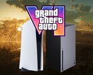 A GTA 6 logója a PS5 és az Xbox konzolok felett látható