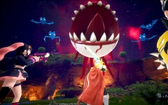 Palworld screenshot, melyen a karakterek egy lebegő, éles fogakkal rendelkező szemgolyóval harcolnak