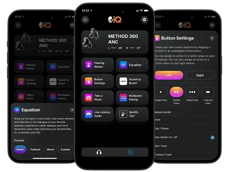 A Skull-iQ alkalmazás vezérli a Method 360 fülhallgató minden aspektusát, beleértve az EQ-t, a hallgatási módokat és a Spotify Tap funkciót. (Kép forrása: Skullcandy)