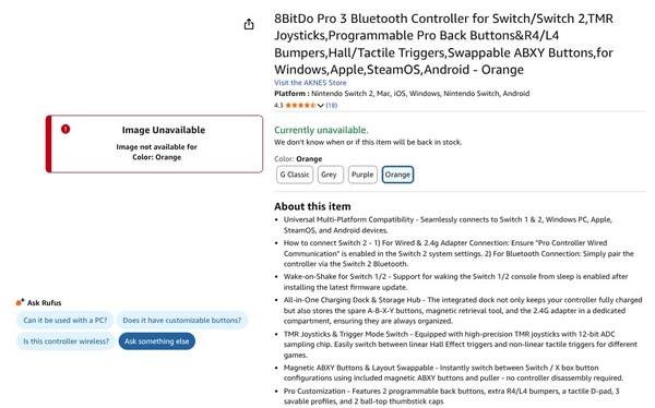 A 8BitDo Pro 3 Bluetooth-vezérlő narancssárga színben lesz kapható az Amazon listája szerint. (Kép forrása: Amazon)