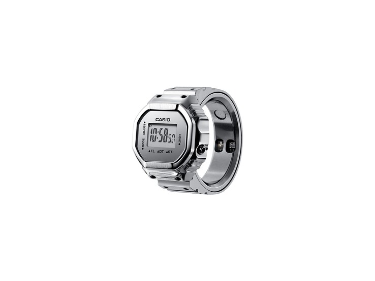 A Casio CRW-H001M-8 ezüst színű okosgyűrű-óra ferde nézetből, amelyen látható a digitális kijelző és a gyűrű belsejében elhelyezett egészségügyi érzékelők.