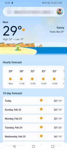 A Google Weather alkalmazás felülete