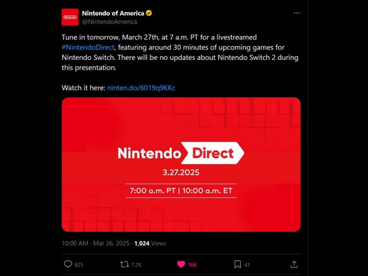 Nintendo Direct március 27-i X bejelentés (Kép forrása: screenshot, Nintendo of America X fiók)
