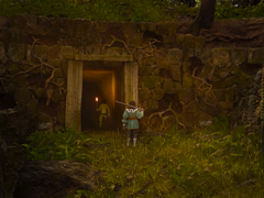 A képen - egy screenshot a Swordhaven: Iron Conspiracy traileréből, amelyen a főhős egy kardot tart a kezében egy bánya bejárata előtt. (Kép forrása: Steam)