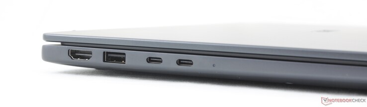 Bal oldalon: HDMI 2.1, USB-A 3.2 Gen. 1 (5 Gbps), 2x USB-C Thunderbolt 4 DisplayPort 2.1-el és tápellátással (100 W)