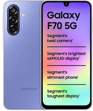 Lila színű Samsung Galaxy F70 5G elölről és hátulról ábrázolva