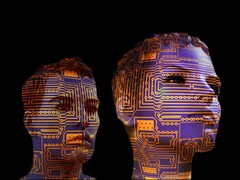 Emberi arcok a mesterséges intelligenciát szimbolizáló áramköri mintákkal (Kép forrása: Gerd Altmann a Pixabay-ről)