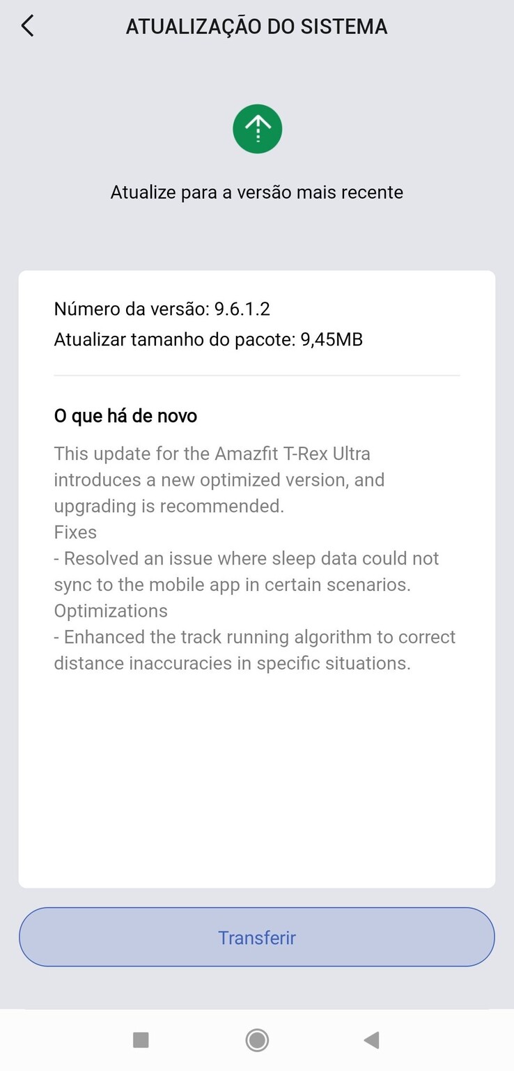 Az Amazfit T-Rex Ultra 9.6.1.2 firmware verziójának kiadási megjegyzései. (Kép forrása: José Manuel Santos a Facebookon keresztül)