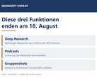 A Copilot három funkcióját – a Deep Research, a Podcasts és a csoportos csevegések – felsoroló ábra, amely 2026. augusztus 18-án jár le
