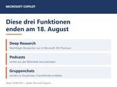 A Copilot három funkcióját – a Deep Research, a Podcasts és a csoportos csevegések – felsoroló ábra, amely 2026. augusztus 18-án jár le