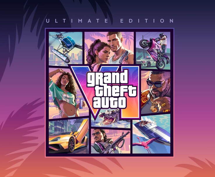A Grand Theft Auto VI Ultimate Edition grafikája, amelyen a GTA 6 karakterei, járművei és a játék logója látható.