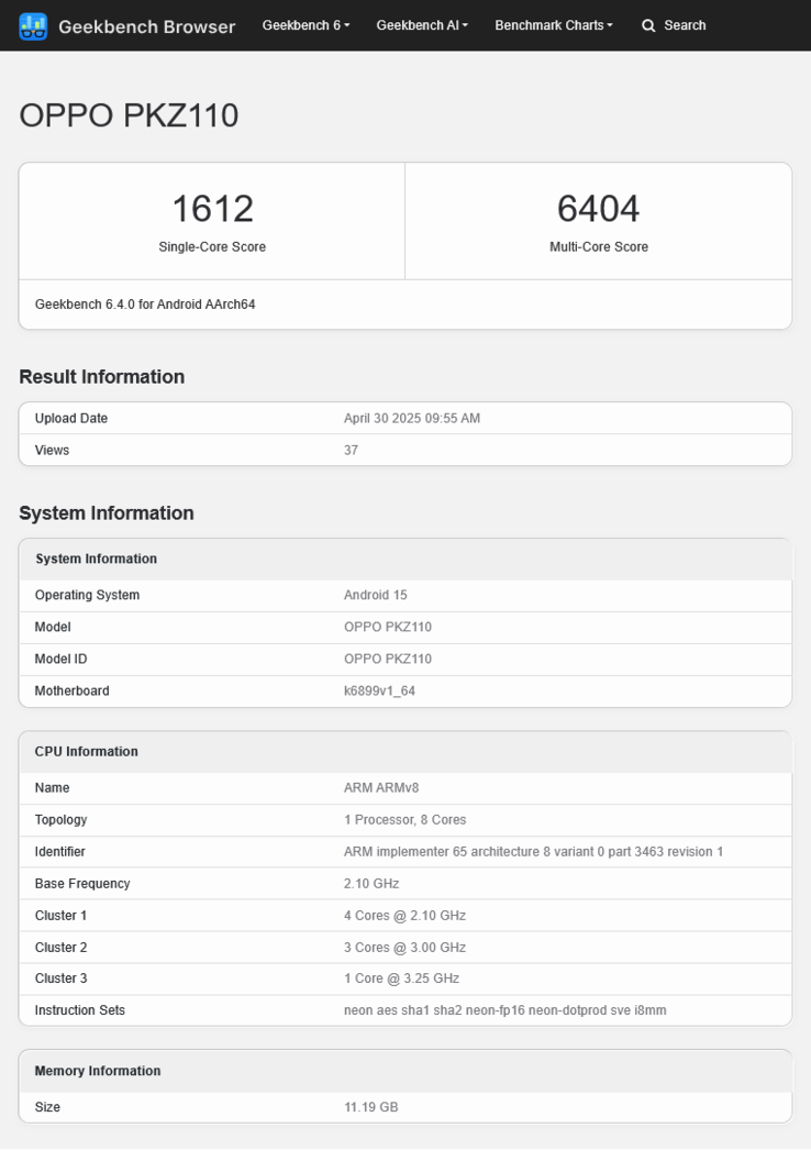 Az "Oppo Reno14" felszínre kerül egy új benchmarking kiszivárgásban. (Forrás: Geekbench)