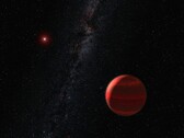 Egy művész illusztrációja, amely egy exoplanétát és egy vörös törpét ábrázol.