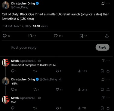 Call of Duty: Black Ops 7 eladások az Egyesült Királyságban (Kép forrása: screenshot, Christopher Dring X account)