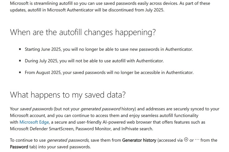 Pillanatkép a Microsoft Authenticator jelszótárolási módosításairól. (Kép forrása: Microsoft)