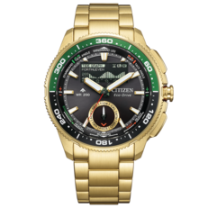 Az előlapi termékkép az aranyszínű Citizen Promaster Wave Tracker JV3002-51E zöld lünettával és rozsdamentes acél szíjjal ellátott Citizen Promaster Wave Tracker JV3002-51E előlapjáról.
