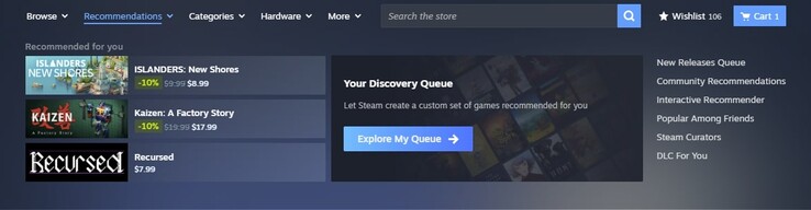 Az új ajánlási terület olyan tényezőkön alapul, mint a játékidő, korábbi vásárlások és baráti ajánlások. (Kép forrása: Steam)