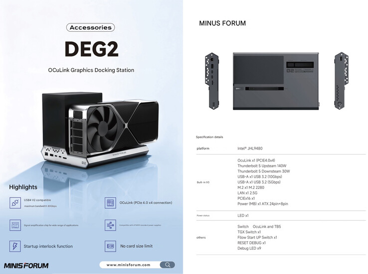 A DEG2 eGPU dokkoló főbb adatai (Kép forrása: Minisforum - gépi fordítás)