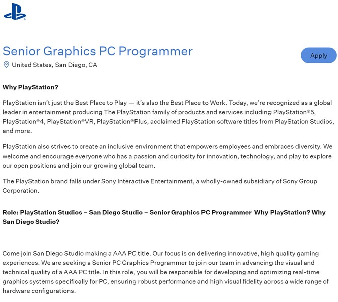 A Sony San Diego-i stúdiójának álláshirdetése látható (Kép forrása: screenshot, Greenhouse)