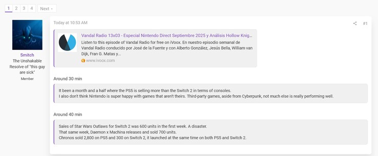 Switch 2 és PS5 konzol eladások Spanyolországban a Vandal podcast (Kép forrása: screenshot, Smitch@ResetEra fórumok)