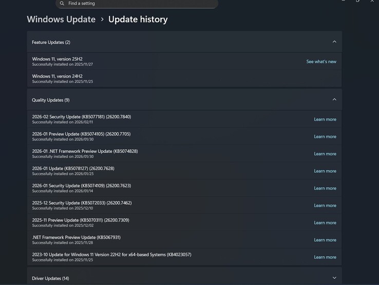 Windows frissítési előzmények a Lenovo LOQ 16IRH8 készüléken