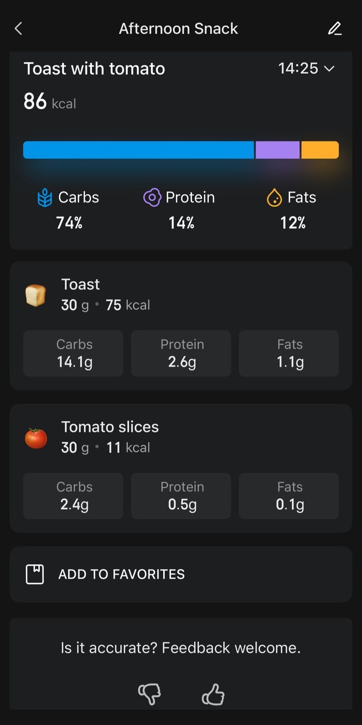 A Zepp alkalmazás frissített ételnapló funkciójának képernyőképét. (Kép forrása: Zepp App)