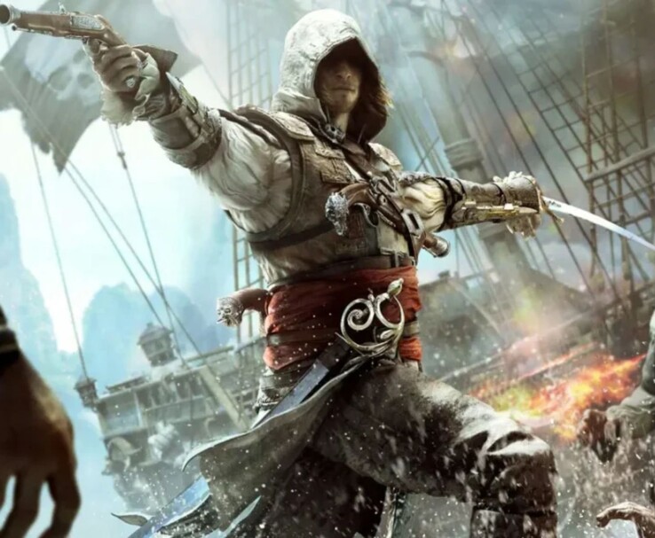 Edward Kenway az Assassin's Creed IV: Black Flagben karddal és pisztollyal hadonászik tengeri harc közben (Kép forrása: Ubisoft)
