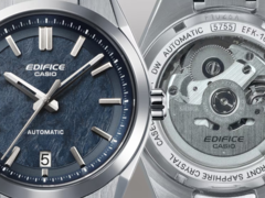 A képen - a Casio EFK-100D-2A kék textúrájú számlapjával és a mechanikus szerkezet kedvéért átlátszó hátlapjával. (Kép forrása: Casio)